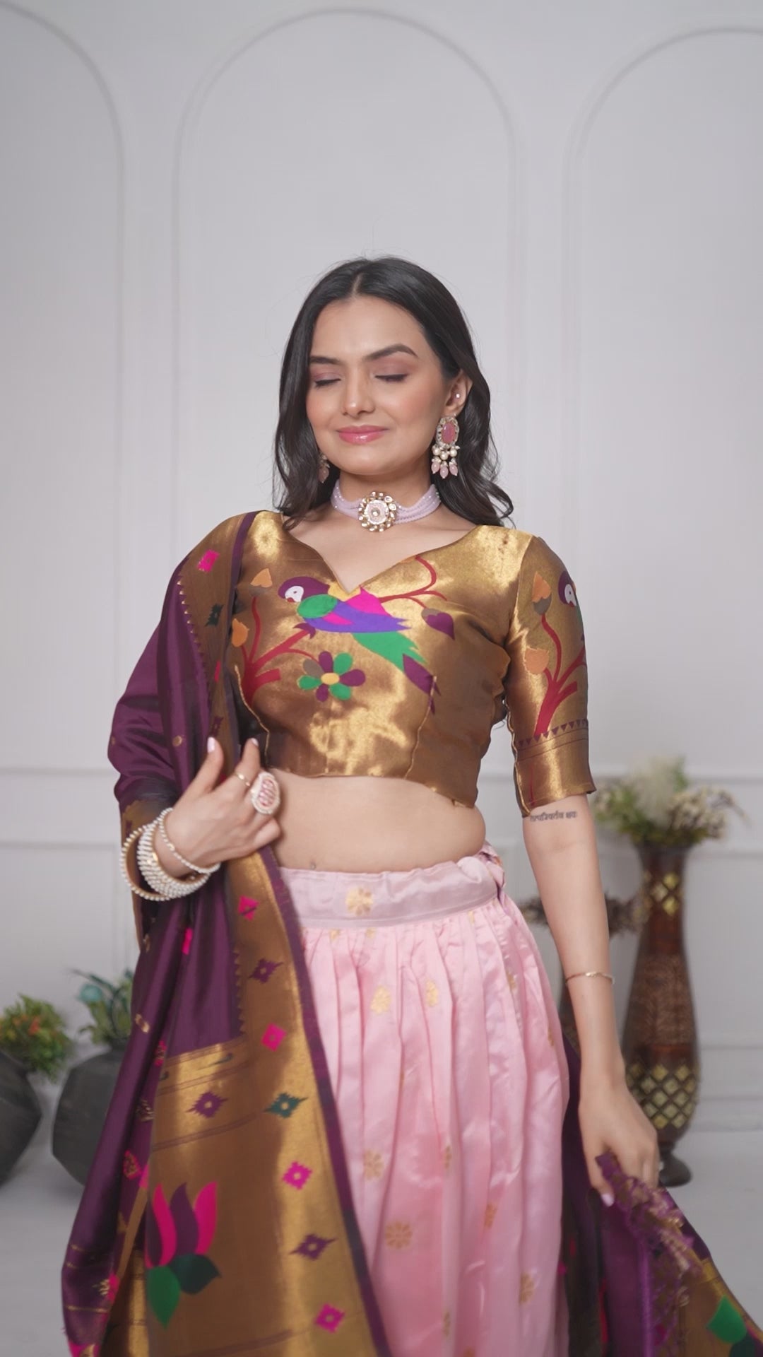 Women's Pink Jacquard Lichi Silk Lehenga Choli with Purple Paithani Style Dupatta | Traditional Wedding, Festive & Party Wear