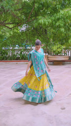 Women's Yellow & Turquoise Heavy Lichi Fabric Stitched Lehenga Choli with Jacquard Border Dupatta | Traditional Printed Wedding, Navratri & Festive Wear