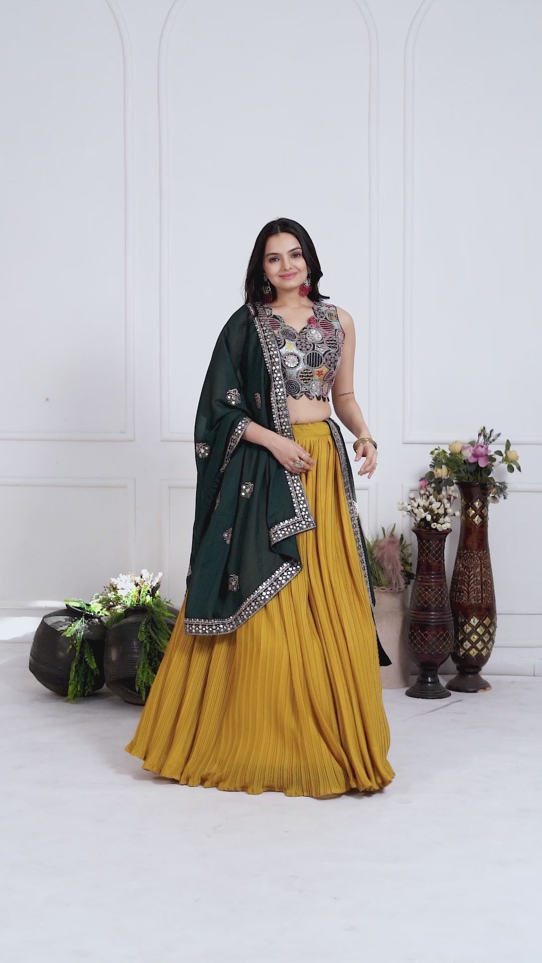 Women's Mustard Yellow Pleated Lehenga Choli with Dark Green Embroidered Dupatta | Designer Festive, Navratri, Wedding & Party Wear Lehenga Set