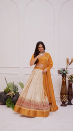 Women's Mustard Yellow & Cream Jacquard Lichi Silk Lehenga Choli with Designer Dupatta | Festive, Wedding, Navratri & Traditional Party Wear Lehenga Set