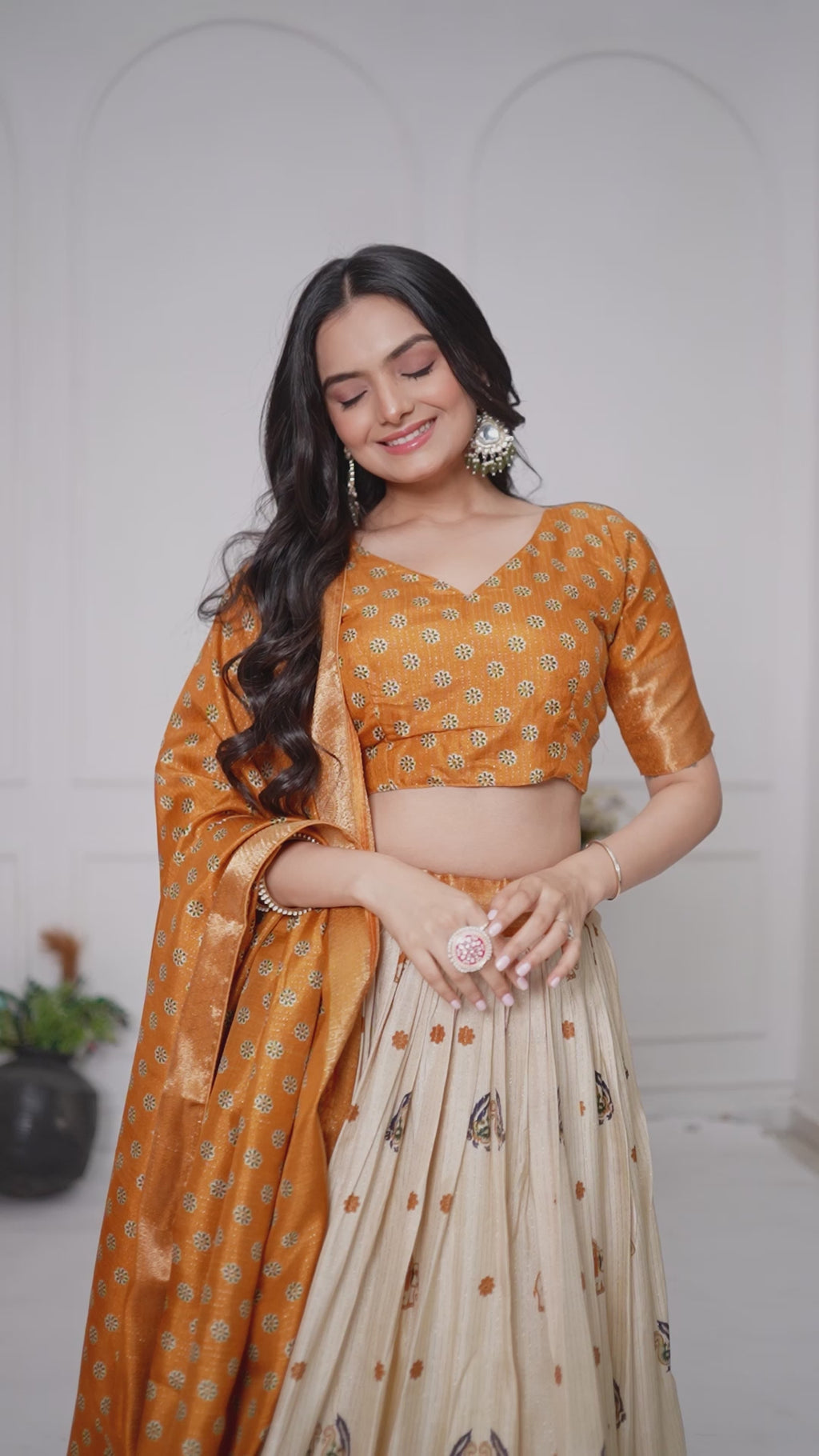 Women's Cream & Yellow Heavy Lichi Jacquard Lehenga Choli with Dupatta | Wedding & Festive Wear