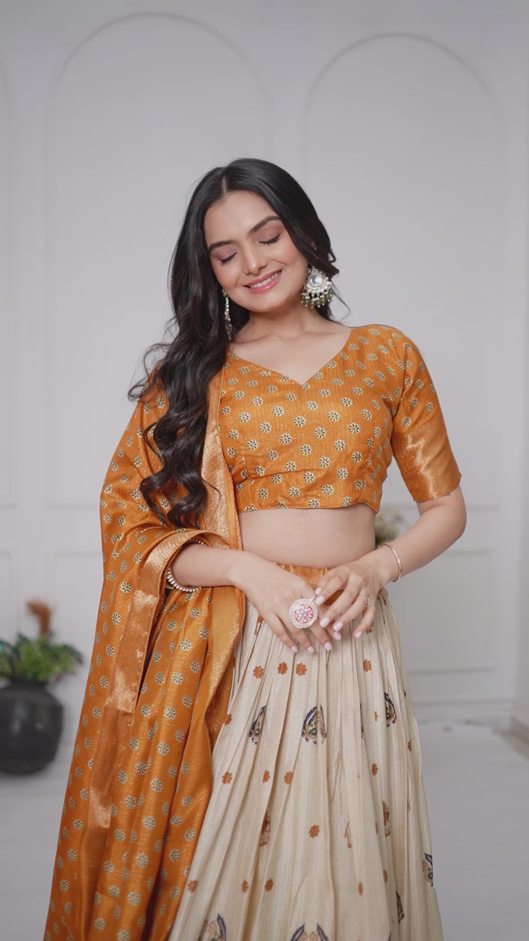 Women's Cream & Yellow Heavy Lichi Jacquard Lehenga Choli with Dupatta | Wedding & Festive Wear