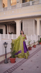 Women's Green & Purple Designer Lehenga Choli with Traditional Print, Jacquard Border & Dupatta | Festive & Wedding Wear