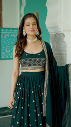 Women's Dark Bottle Green Fox Georgette Semi-Stitched Lehenga Choli with Embroidered Dupatta | Heavy Multi Thread & Sequence Work Wedding & Party Wear