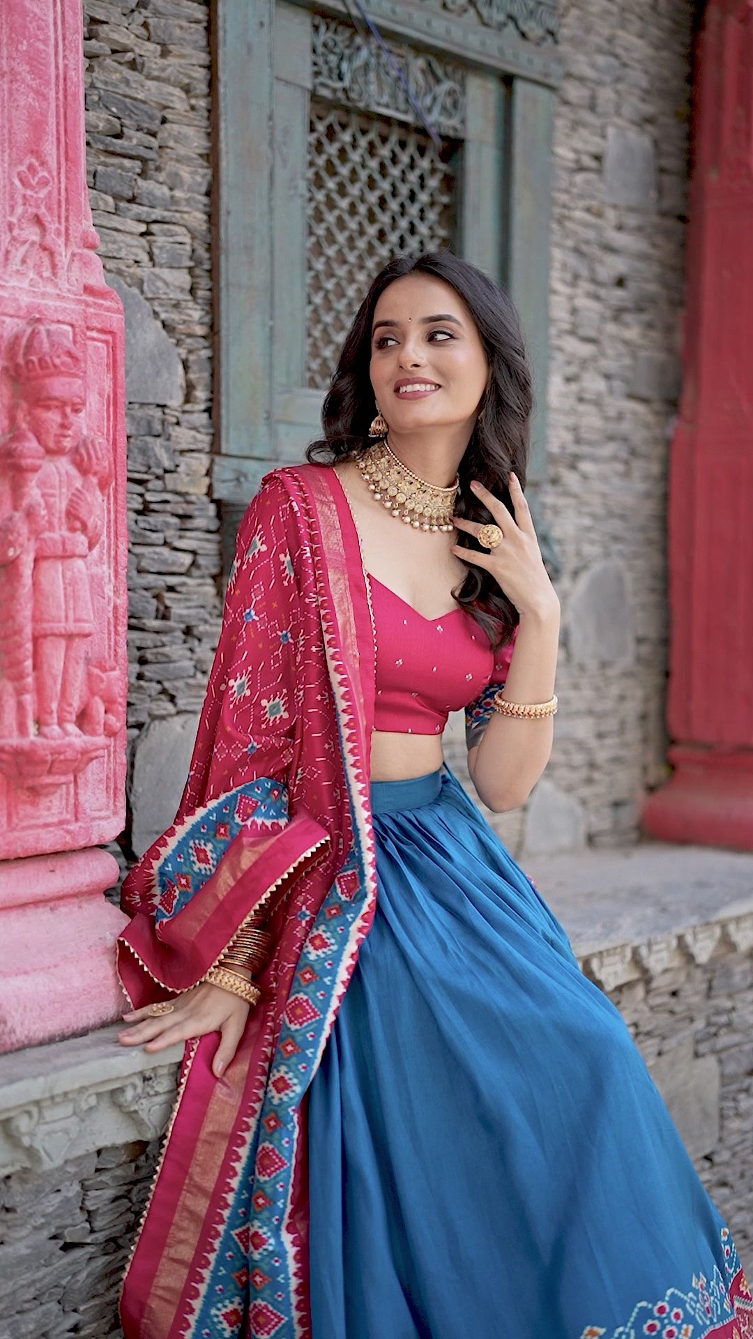 Women's Firozi Blue Tusser Silk Lehenga Choli with Floral Print, Foil Work & Gotta Patti Dupatta | Designer Festive & Wedding Wear