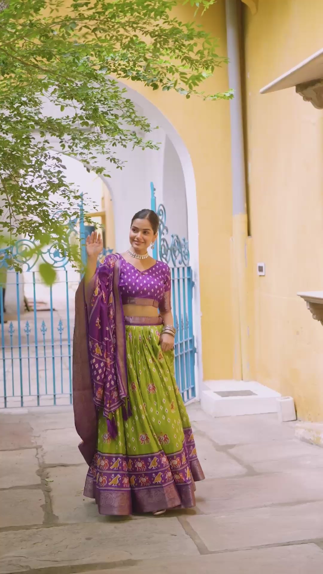 Women's Purple & Parrot Green Heavy Lichi Fabric Stitched Lehenga Choli with Jacquard Border Dupatta | Traditional Printed Wedding, Navratri & Festive Wear