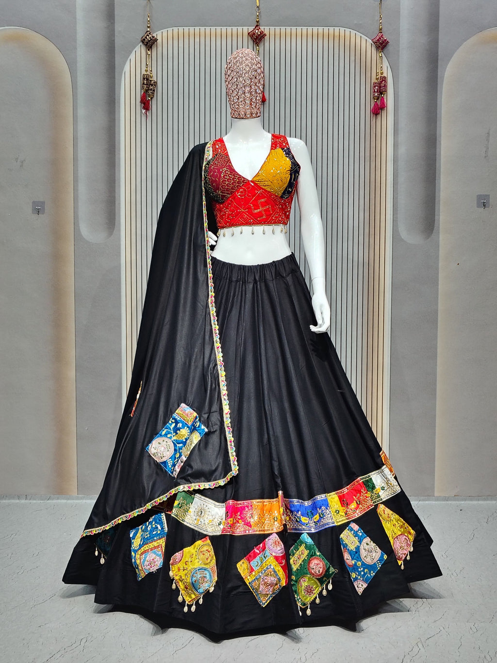 Women's Black Rayon Navratri Lehenga Choli with Gamthi Patch Work & Dupatta | Traditional Dandiya, Festival & Ethnic Wear