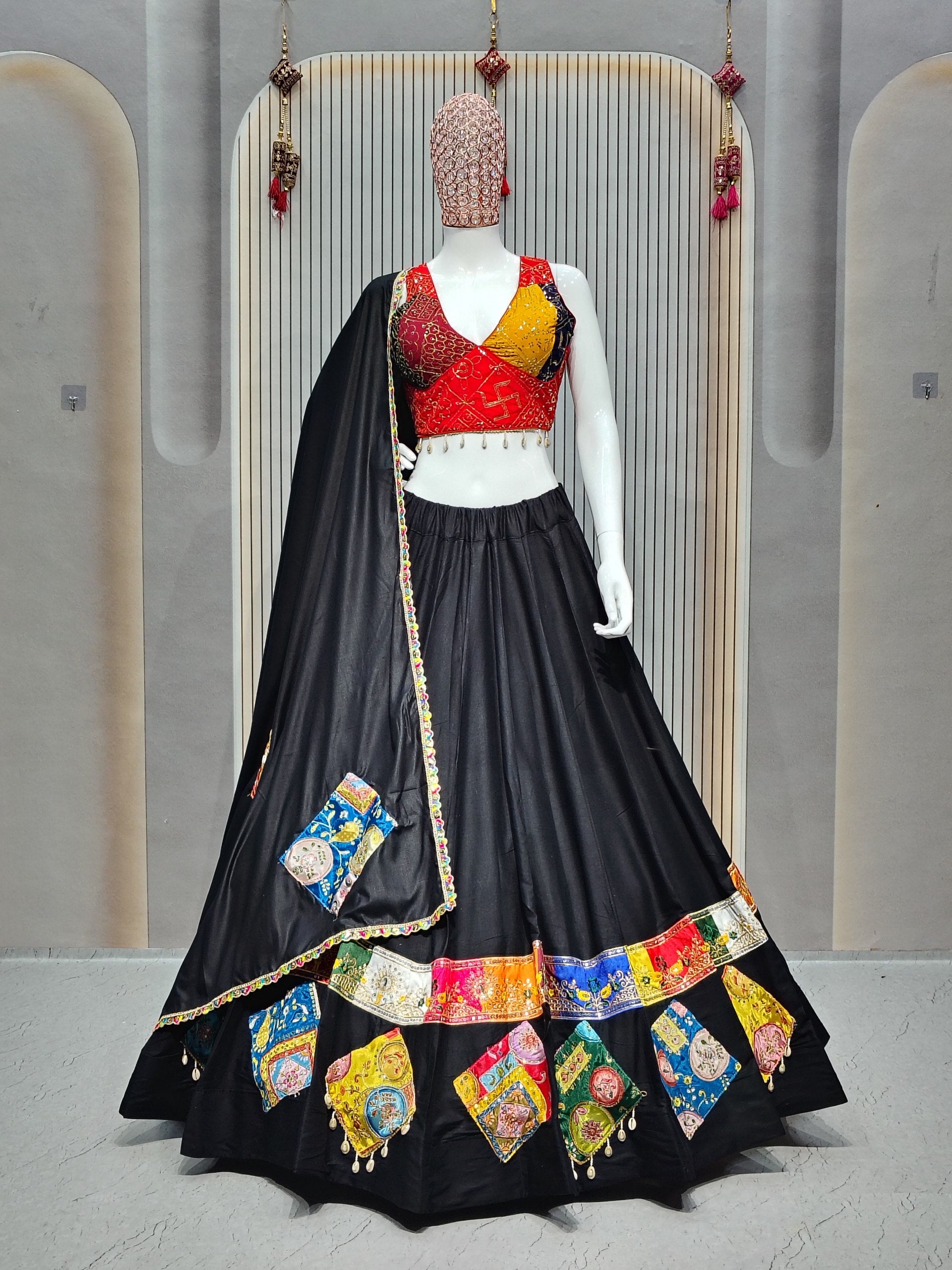 Women's Black Rayon Navratri Lehenga Choli with Gamthi Patch Work & Dupatta | Traditional Dandiya, Festival & Ethnic Wear